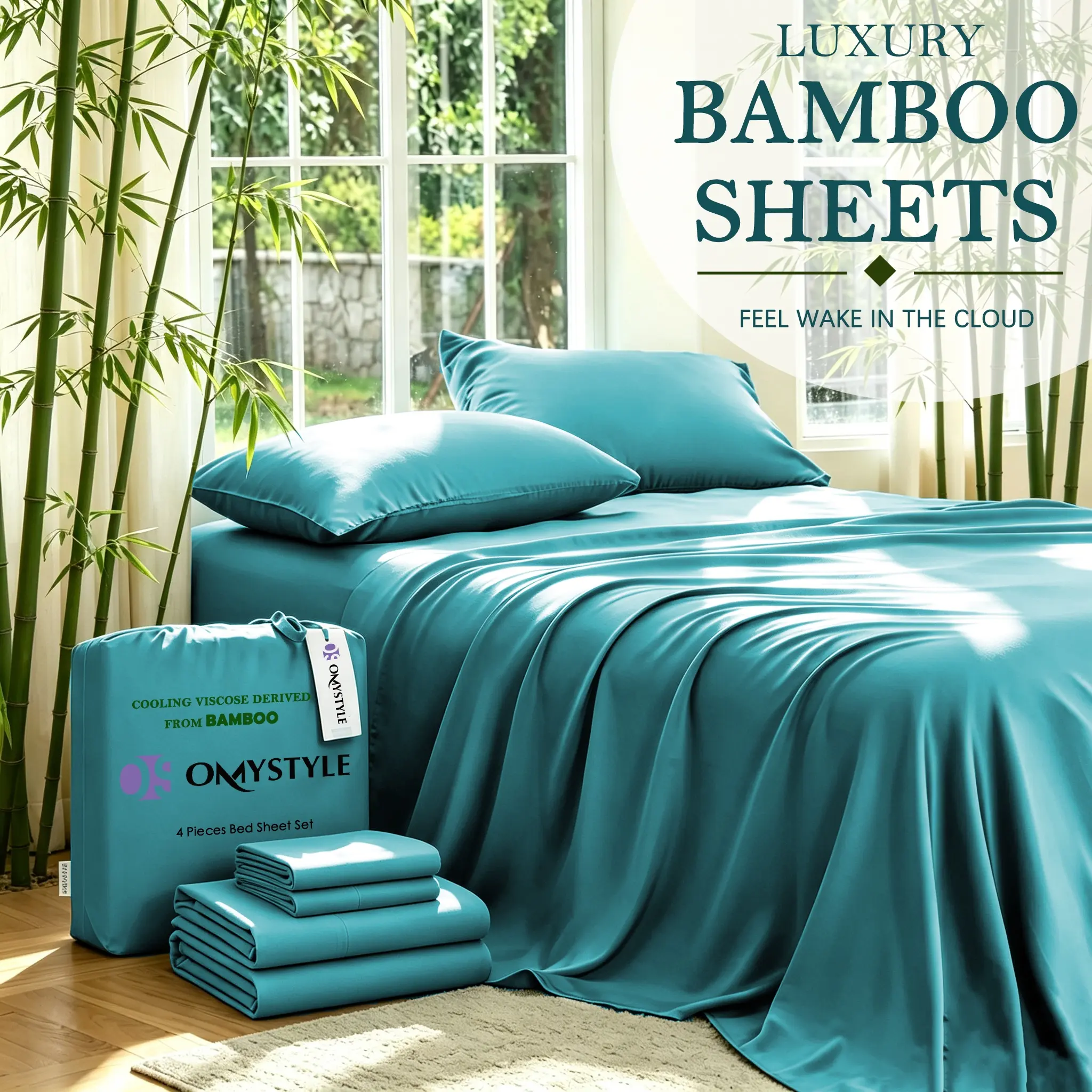 OS OMYSTYLE Extra Deep Pocket Bamboo Sheets, 4 PCS Ultra-Soft Sheet Set - Rayon Derived from Bamboo - Ultra Cooling Children Sheets, Hotel Luxury Fitted Sheet Set, Soft Sheet & Pillowcase Sets, Queen Size Clearance, Include Random Color