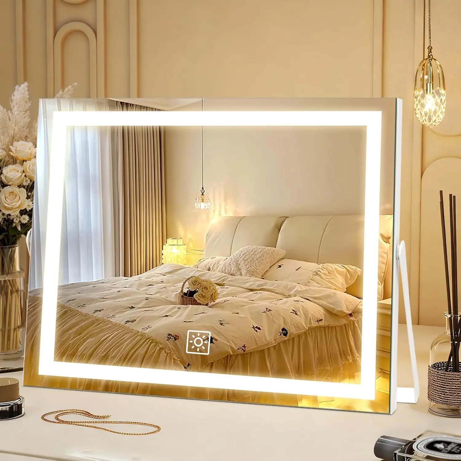 14-Inch LED Lighted Vanity Mirror, Art Deco Rectangle Metal Glass Tabletop Mirror - 3 Color Dimmable, 360° Rotatable Bathroom Gadget for Bedroom Users, Ideal Gift