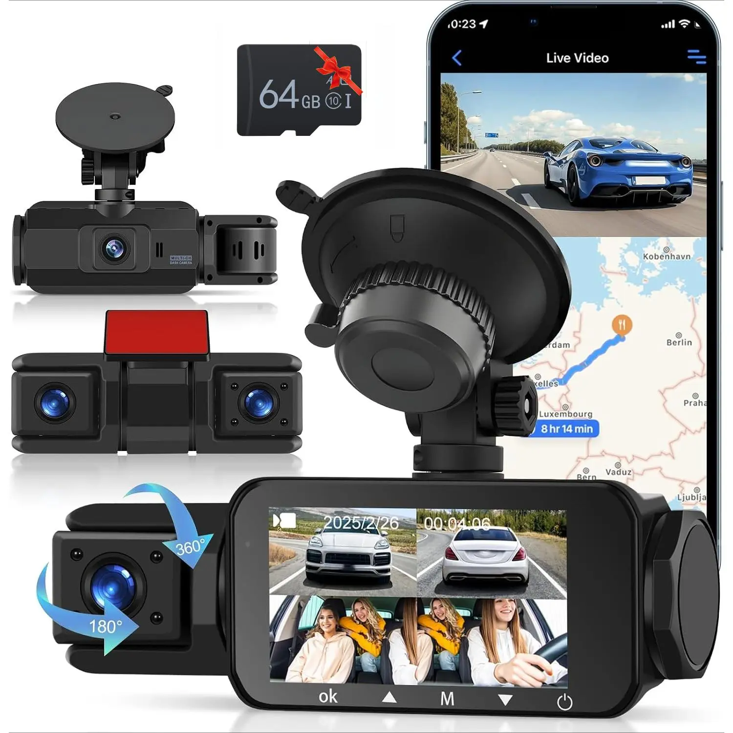 4 Channel Dash Cam 360°View, 2K+1080P*3 Front and Rear Inside Left Right, Dash Camera for Cars, 3 Inch IPS Screen, Built-in WiFi Night Vision G-Sensor, 24H Parking Mode, Free 64GB Card campingessentials
