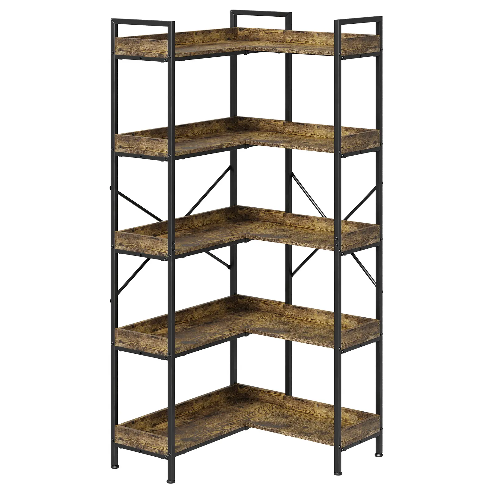 Garvee Modern Industrial L-Shaped 5-Tier Corner Bookshelf, Reversible Freestanding Open Wood Shelving Unit with Sturdy Carbon Steel Frame, Adjustable Feet & Anti-Tip Hardware, Multi-Use Storage Rack for Home Office