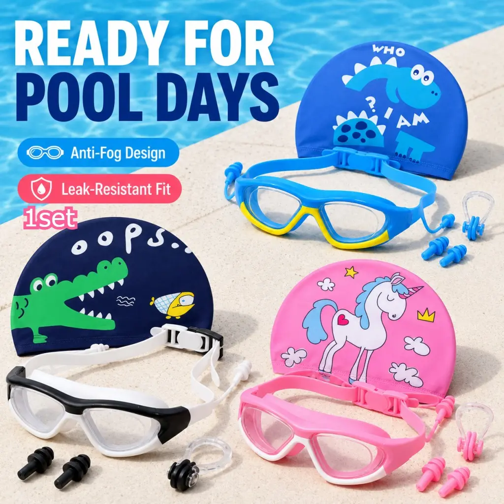 4 in 1 Swimming Gear Set | Anti-Fog Waterproof Swim Goggles with Earplugs Nose Clip & Silicone Swim Cap, Adjustable Strap Wide Angle Lens for Men Women, Pool Beach Water Sports Essentials