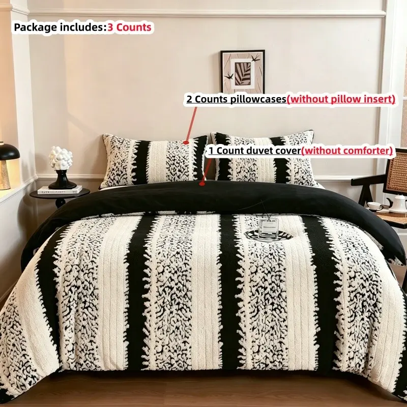 3pcs Winter Fleece Striped Bedding Set, Includes 1pc Duvet Cover + 2pcs Pillowcases，without any filling, Single Twin Double Queen jing Size bed, Bedroom Essentials