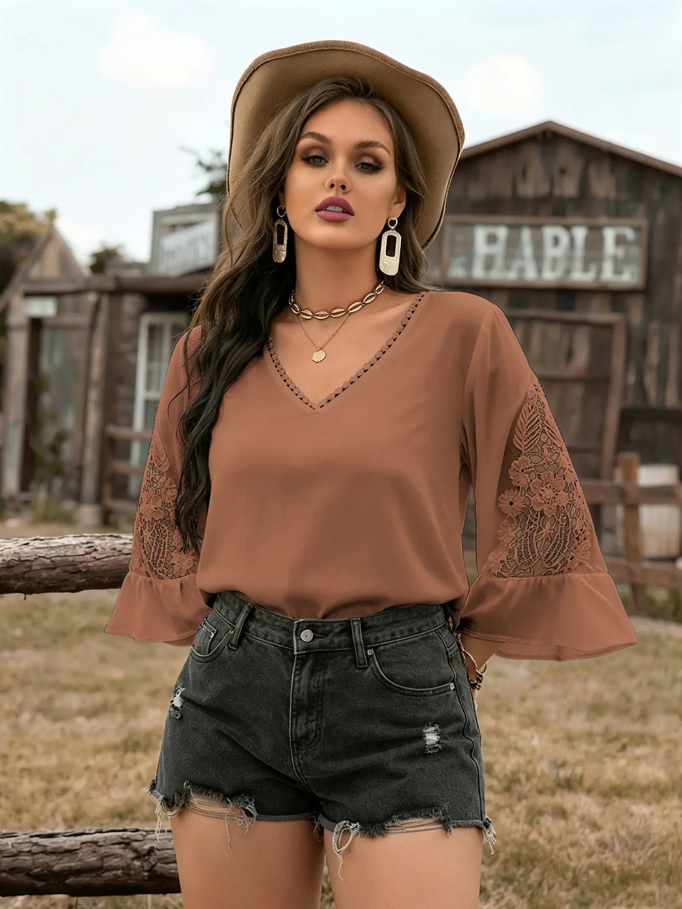 Plus-size casual Everyday Loose Baggy Woven lace V-neck Top Blouses shirt for womenboho easter beach outfits hawaii Coachella Music Festival Tropical vacation Aesthetic