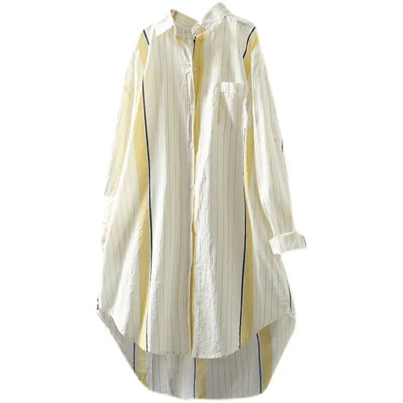Women’s Breathable Longsleeve Striped Longline Shirt - Oversized Button-Front Pocket Beach Cover-Up, High-Low Hem Casual Everyday Summer Layering Blouse, Longsleeves