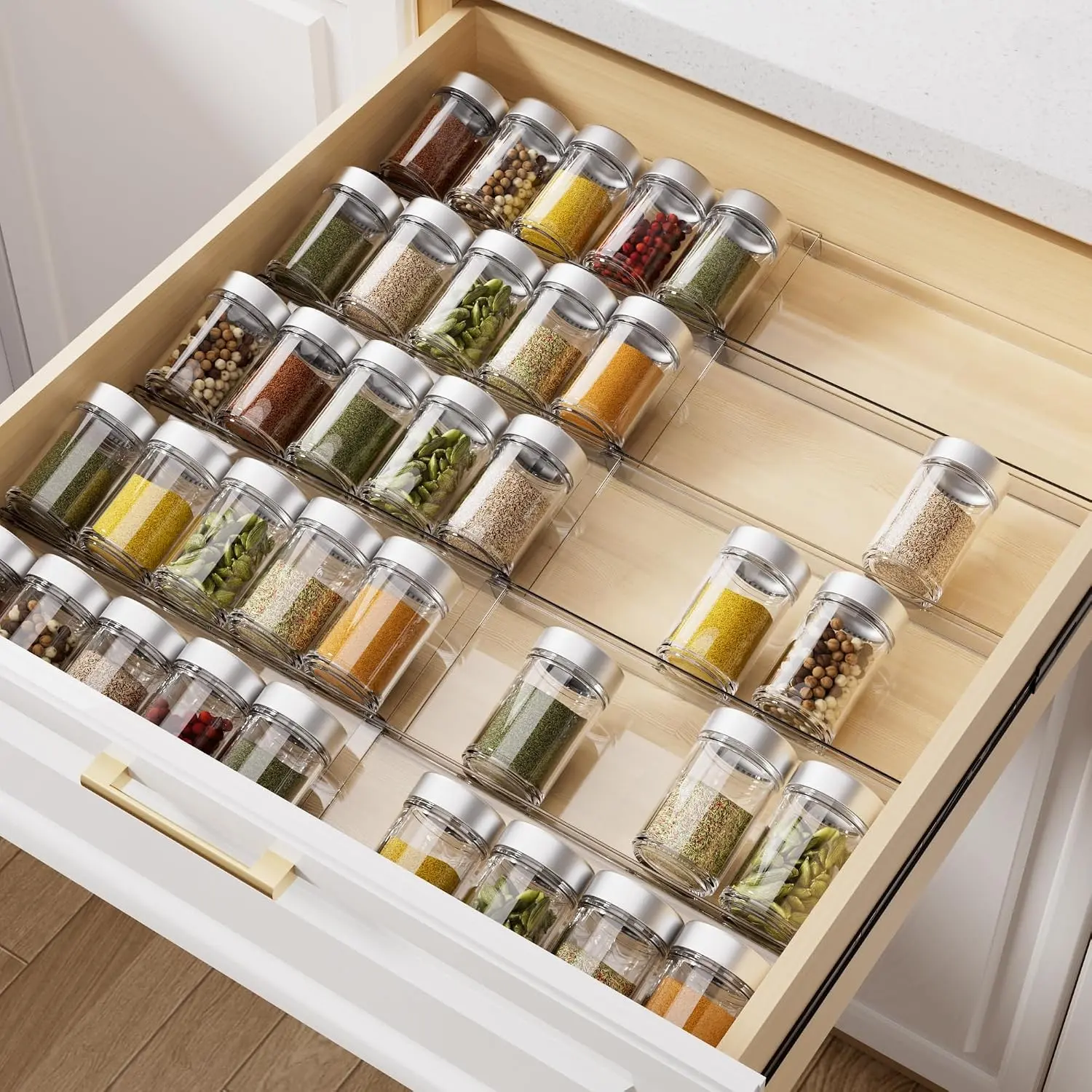 Acrylic Spice Drawer Organizer, 5 Tier - 10 Pack Seasoning Organizer for Drawer, Expandable From 13" to 26" Kitchen Drawer Spice Rack (Jars not Included)