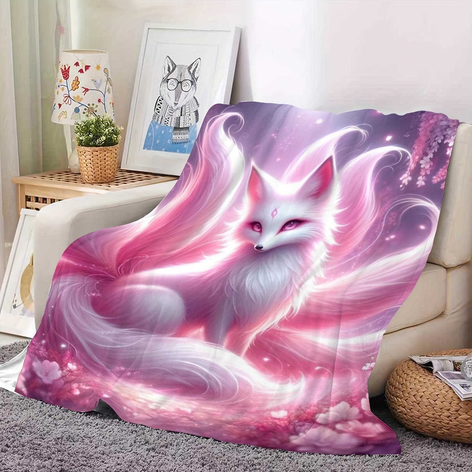 1pc Pink Nine-Tailed Fox Series Flannel Blanket  All-Season Comfort Suitable As A Warm Cozy Blanket For Home Sofas, Bedding, Office Napping, Travel, And Camping, Perfect As A Gift For Friends And Family