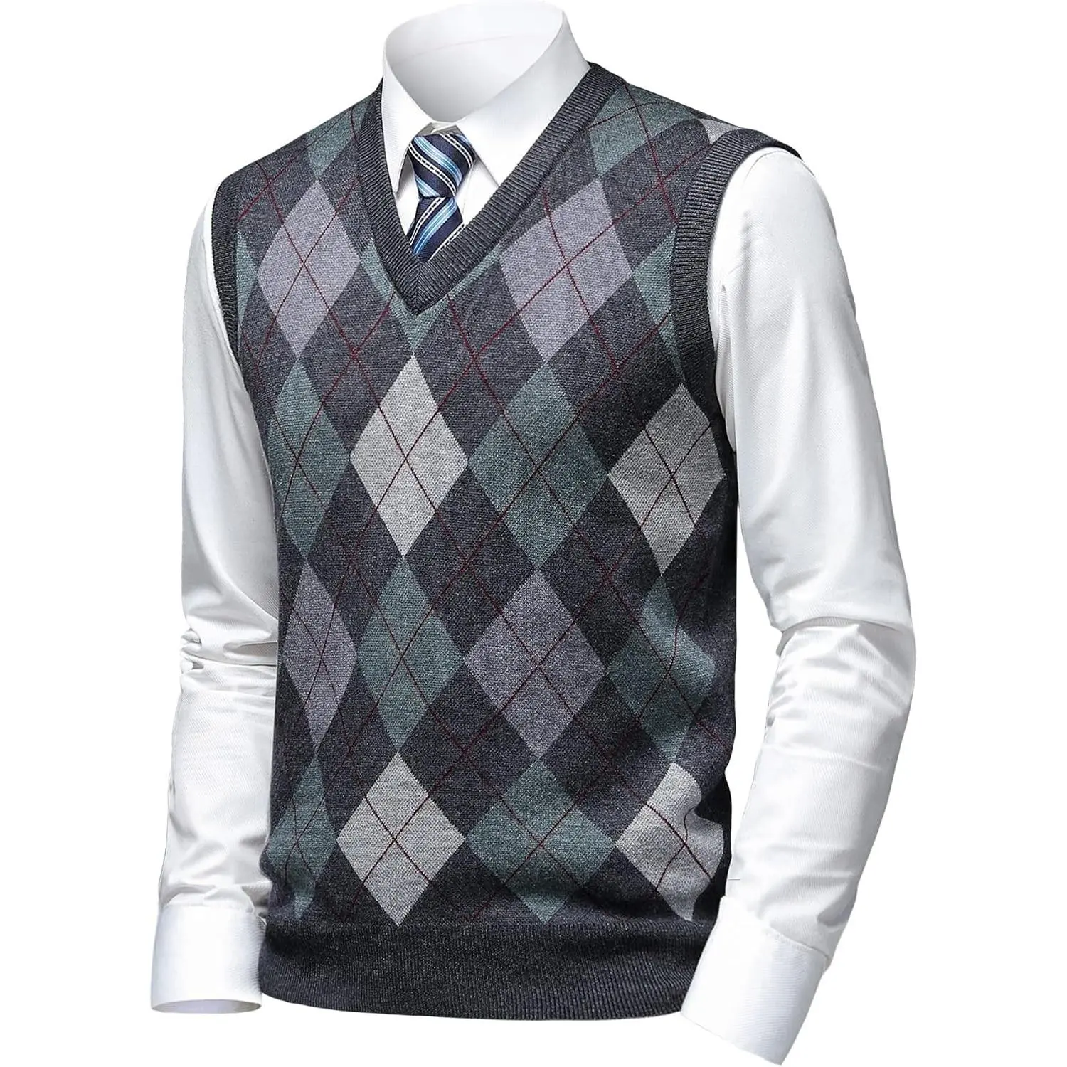 Men's Thick Argyle V-Neck Soft Fabric Slim Fit Sleeveless Knit Sweater Vest - Autumn Winter Warm Outdoor Casual Top for Birthday Outfits (Matching Shirts & Pants Available)
