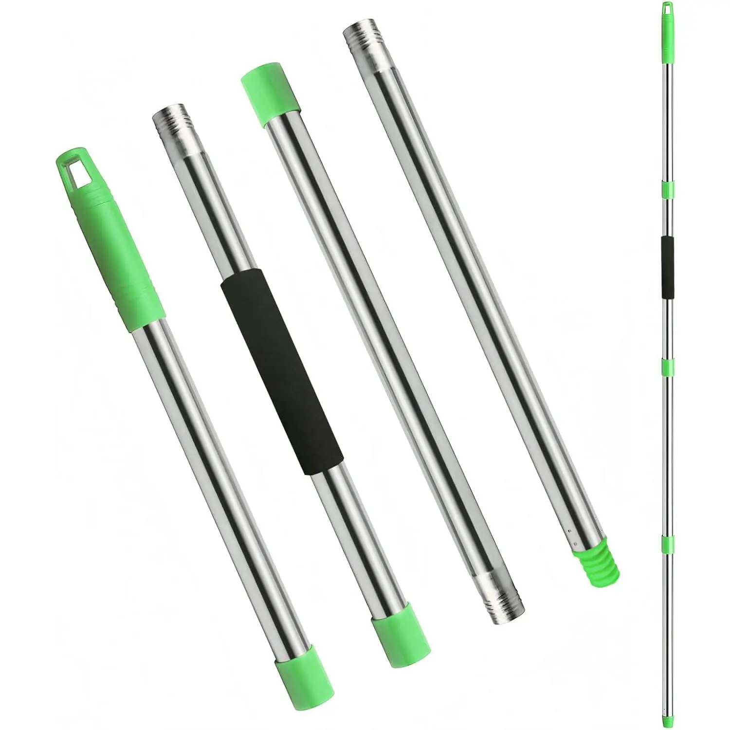 Mop Handle Replacement 4-Section Adjustable from 30" to 58" Durable Stainless Steel Mop Pole with American Thread Joint for Spin Mops & Brooms Green