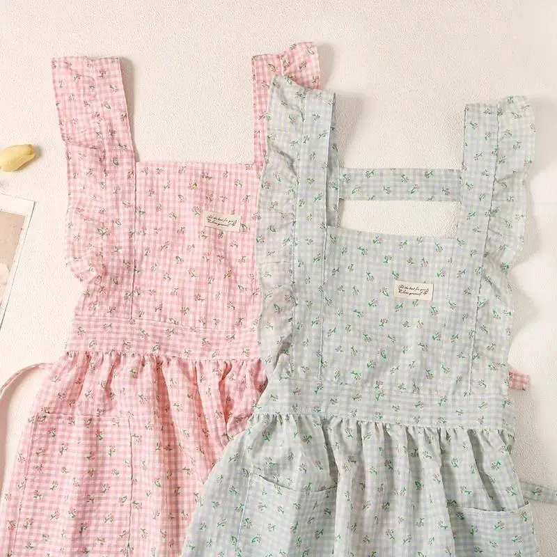 Pink Cute Floral Checkered Plaid Cotton Fabric Apron - Summer Breathable Thin, Anti-Fouling Home Care Workwear Bubble Apron, Apron - Pink