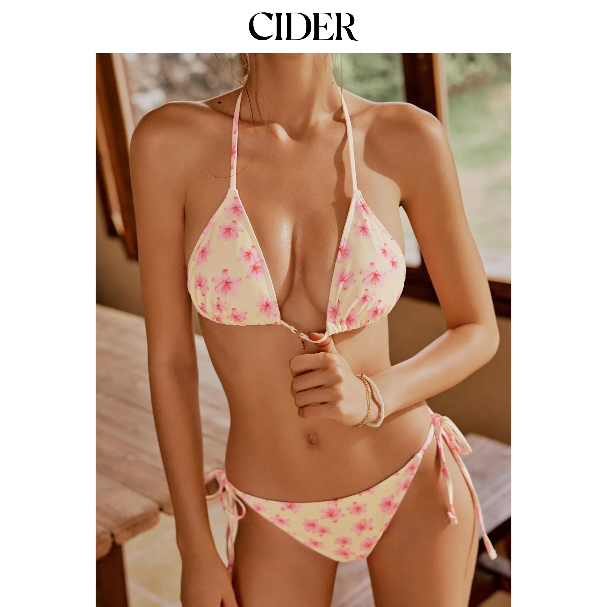 Cider Halter Neckline Floral Knotted Tie Side Bikini Set