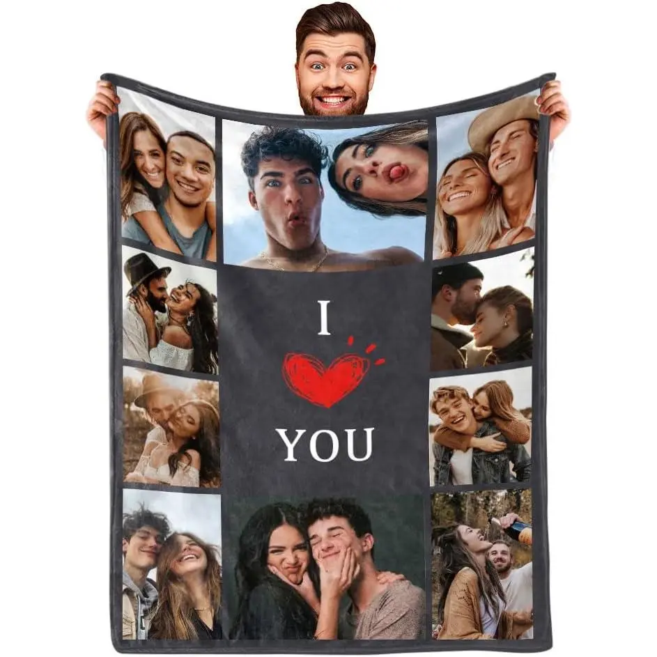 Custom Couple Throw Blanket, 1 Piece Soft Warm Flannel 9 Photo Blanket, I Love You Grey Heart Design, Lightweight Portable Travel Blanket for Car Couch, Personalized Romantic Gift, Keepsake Decor