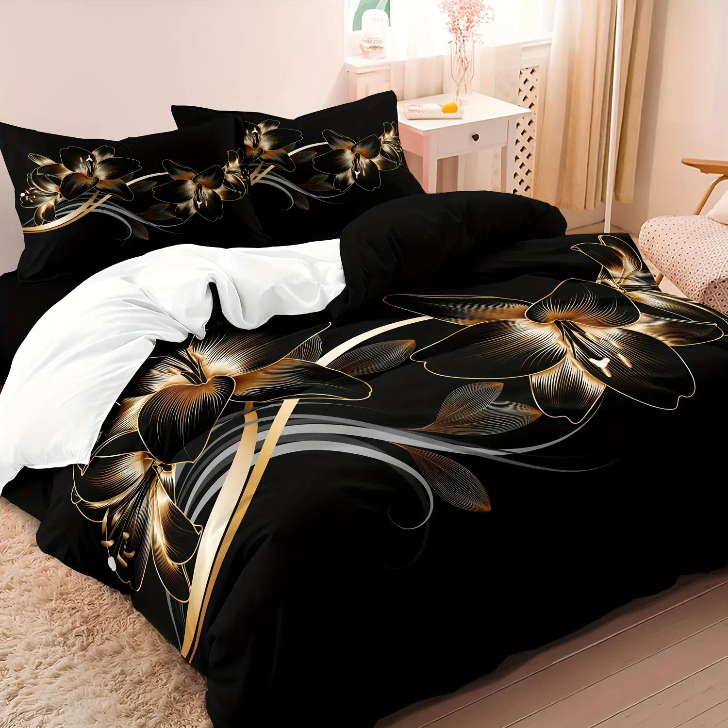 Luxury Black and Floral Duvet Cover Set, 100% Polyester, Lightweight All-Season Bedding with Zipper Closure, Digital Print, Pillowcases Included, Machine Washable - Not Included Duvet Insert