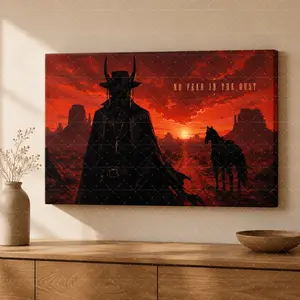 "No Fear In The Dust" Western Cowboy Canvas Wall Art, Dramatic Red Sunset Desert Print, Rustic Adventure Aesthetic, Living Room Bedroom Office Decor, Wild West Lover Poster Gift,wall decor,poster.