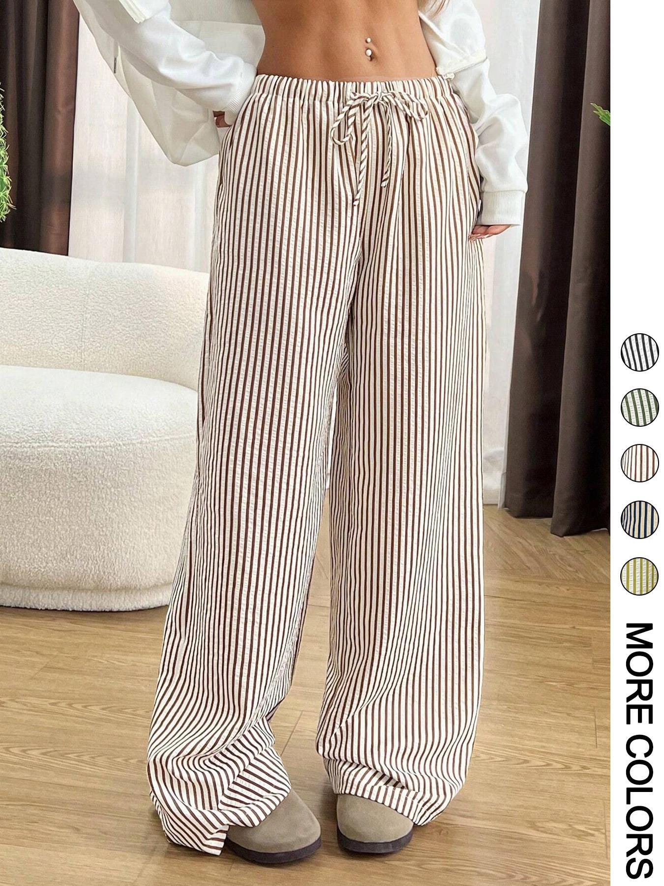 Women's Striped Print Drawstring Waist Pants, Casual Comfy Wide Leg Trousers for Daily Wear, Ladies Bottoms for All Seasons