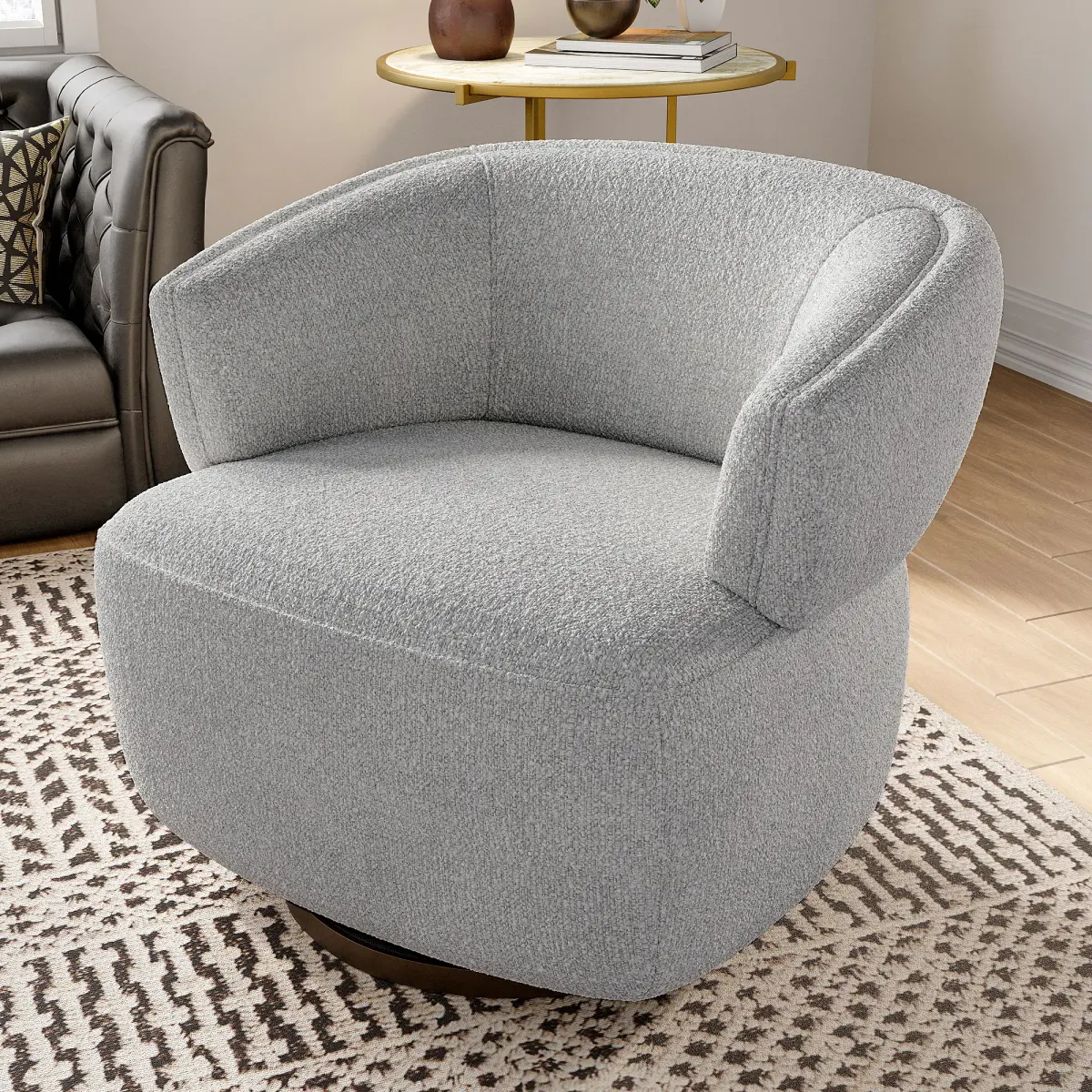[Bellemave]Modern Round Swivel Barrel Chair, Small Accent Chair with Solid Wood Frame and High Rebound Foam, Upholstered Armchair for Living Room, Bedroom, Small Space, Gray On-Site