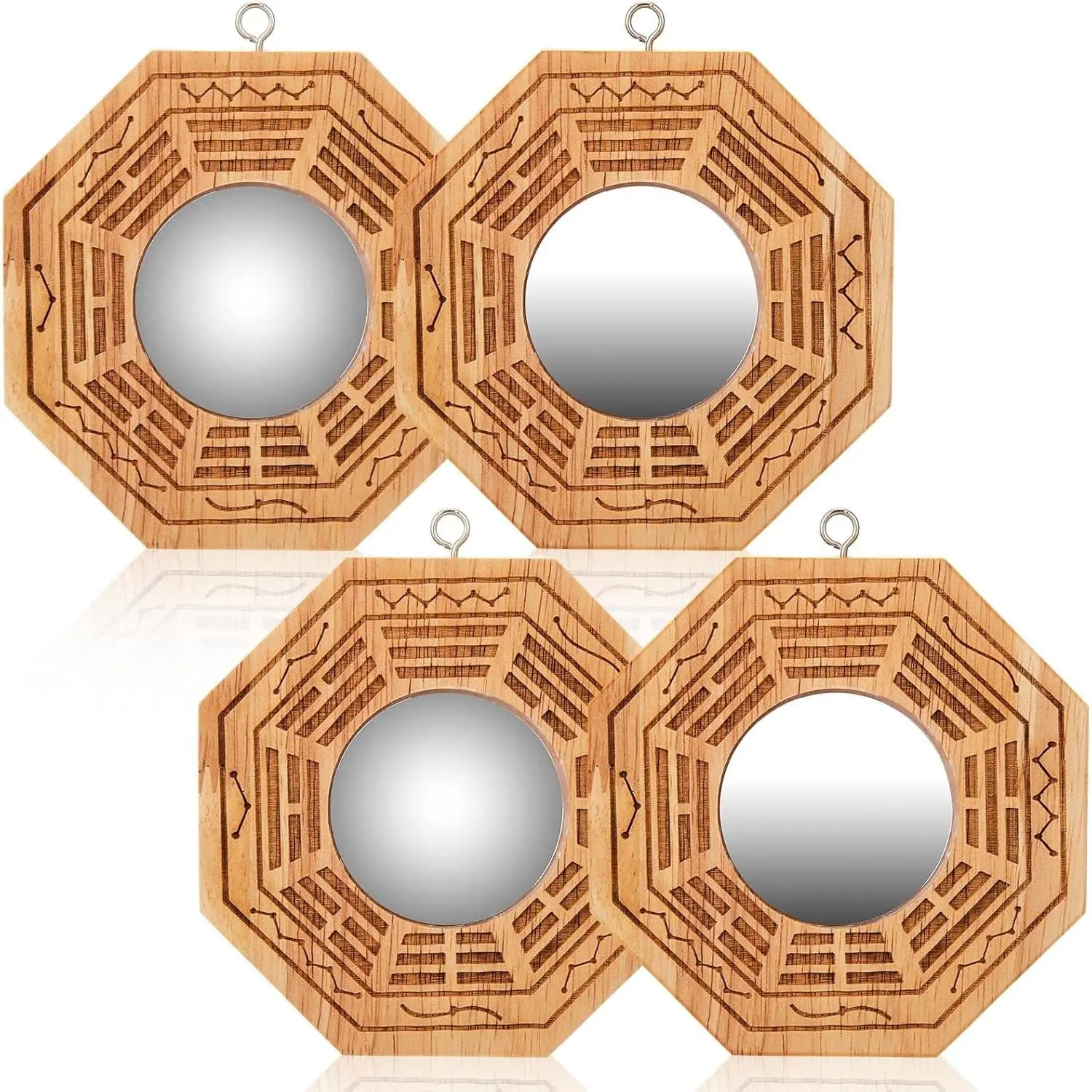 4 Pcs Traditional Chinese Bagua Mirror 4 Inch 2 Concave and 2 Convex Surface, Wood Feng Shui Chinese Bagua Mirror Front Door for Home Protection Against Passive Negative Harmful Energy