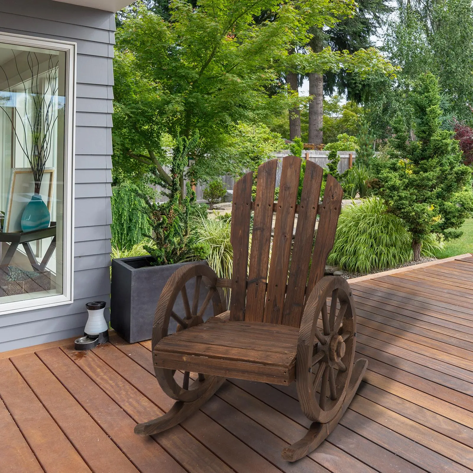 Outsunny Wooden Adirondack Rocking Chair, Outdoor Porch Rocker with Oversized Slatted Backrest, Wagon Wheel Armrests, Durable Wood Construction, Rustic Carbonized Finish for Patio, Garden, Poolside, Backyard and Deck Relaxation