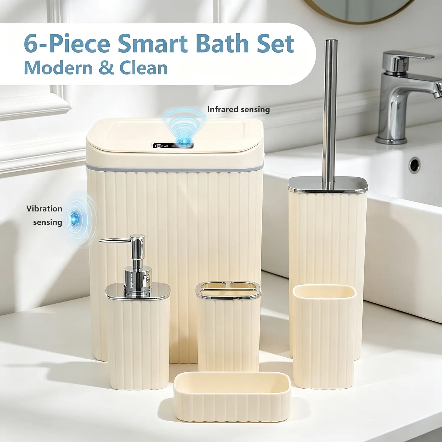 6-Piece Smart Sensor Bathroom Accessories Set, Vertical Stripe Design, Touch-Free Automatic Bathroom Trash Can, Ideal for Home, Apartment, Hotel, Bathroom Accessory Sets