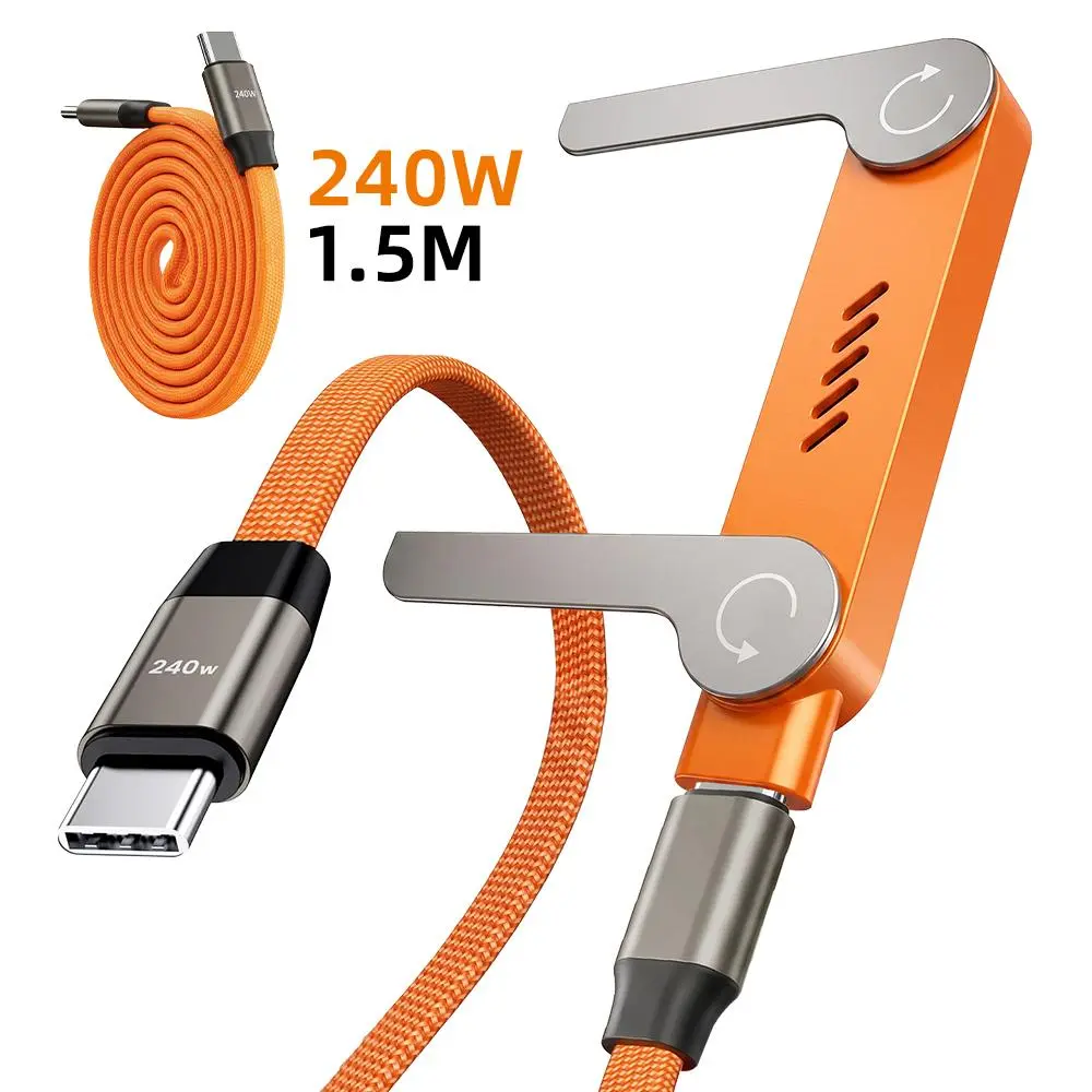 【Summerfinds】240W USB-C to USB-C Fast Charging Cable with Folding Phone Stand, 1.5M/5ft Braided Nylon Cord, Angled L-Shape Connector for Gamers, 480Mbps Data Transfer, Durable for iPhone 15, MacBook, iPad, Samsung Mobile Devices, L-Shaped Charger