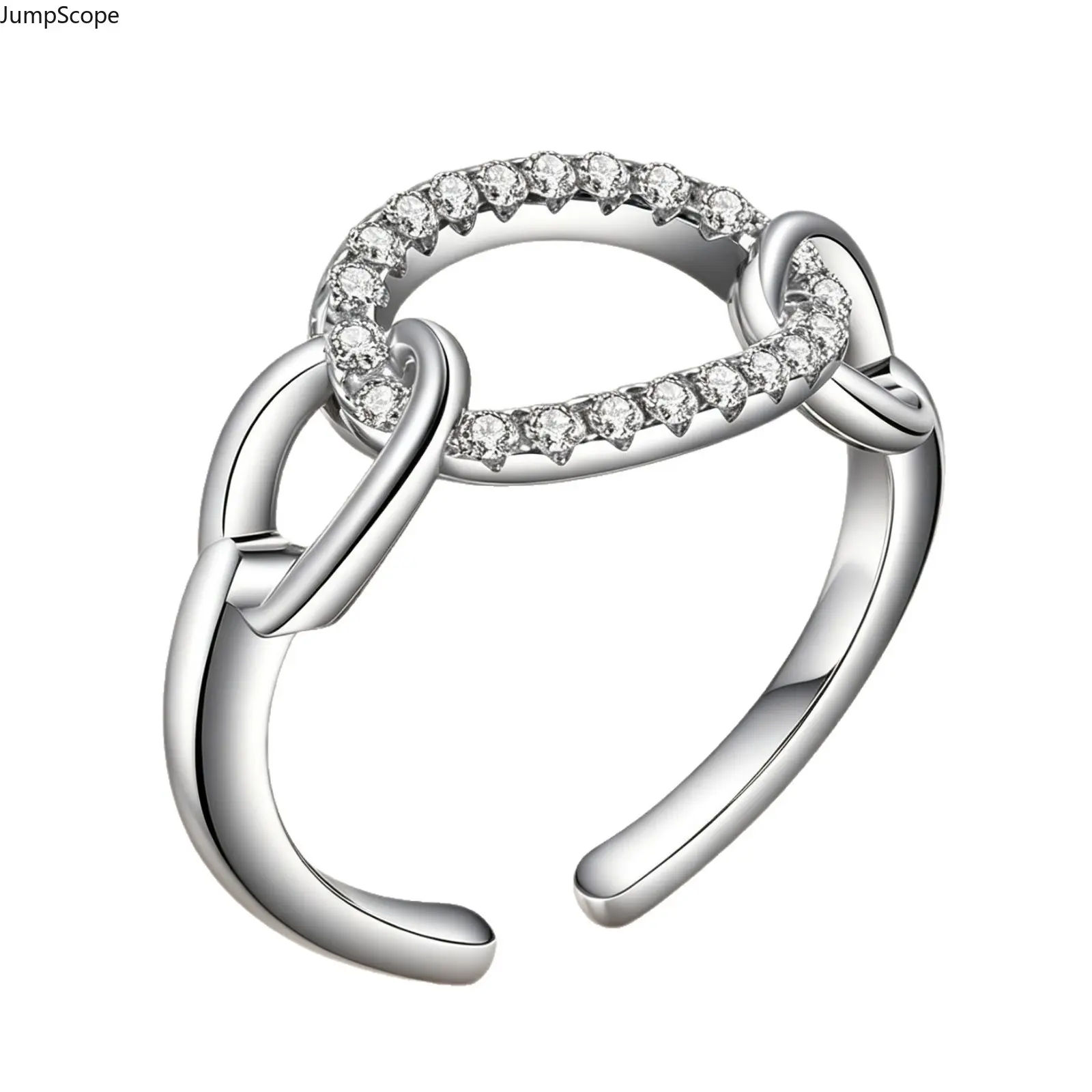 Women's Silver-Plated Copper Open Ring - Interlocking Chain Link, Adjustable, Pave Cubic Zirconia Statement Band for Everyday Wear & Valentine’s Gifting, Female