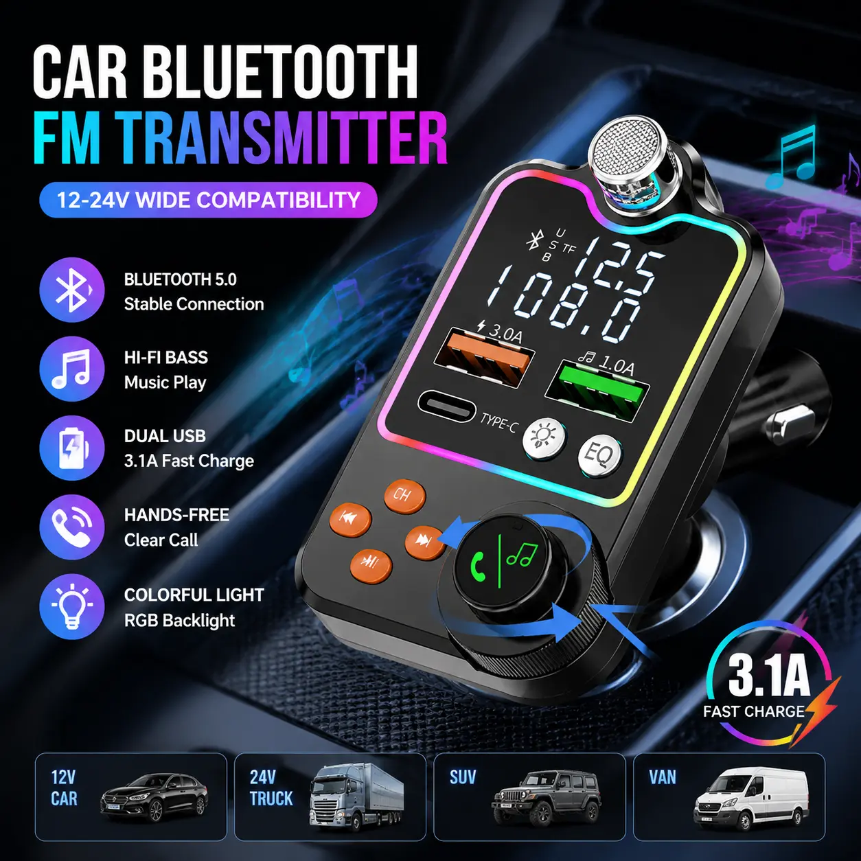 Bluetooth 5.0 In-Car FM Transmitter - Compact Plug-In ABS Plastic Device with Fast Charge Ports, Audio Syncing, Wireless Audio Adapter for Driving Music & Hands-Free Calls, In-Car Device