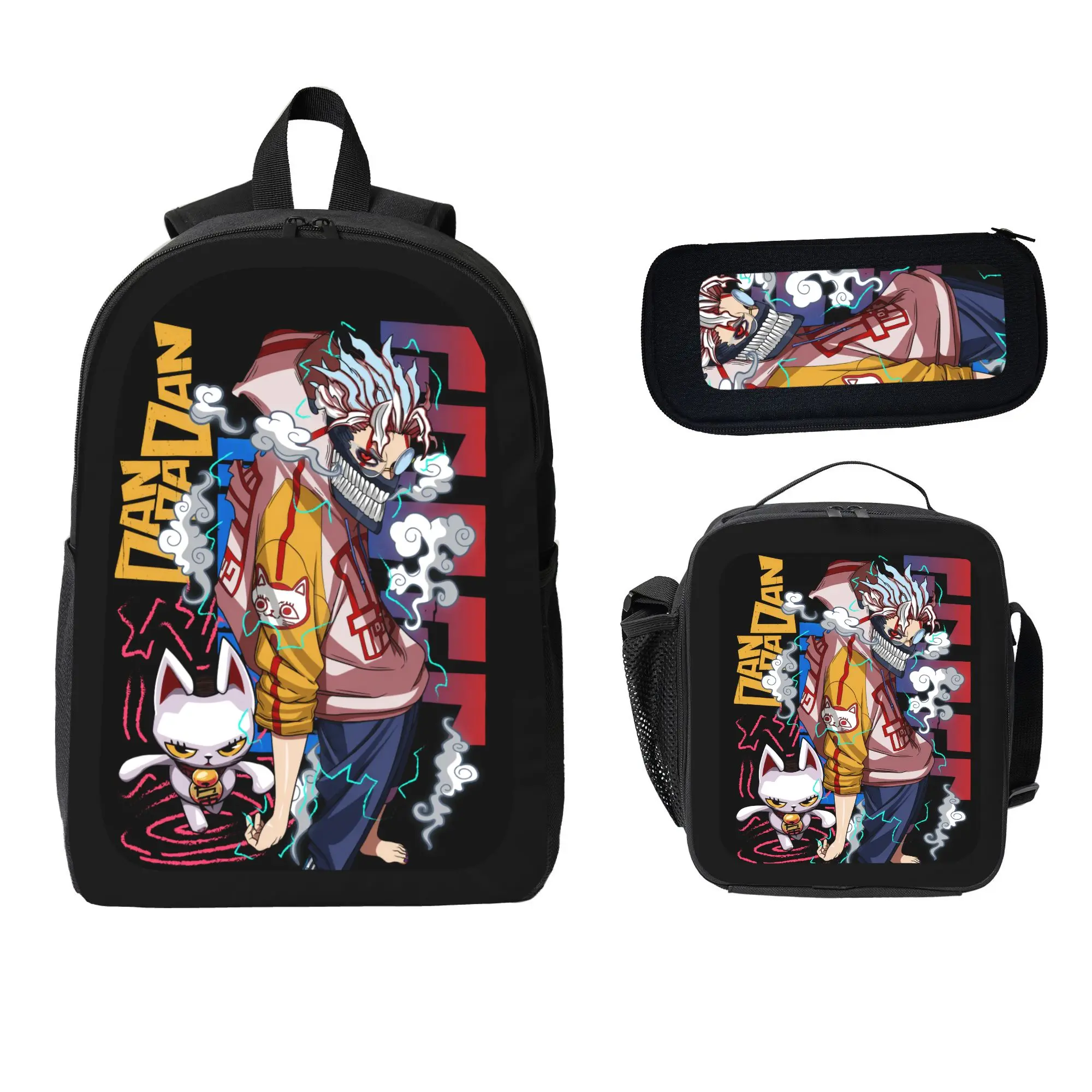 Men's Dandadan Okarun Turbo Granny 3-Piece Backpack Set, Bold Graphic Action Theme Multi-Use Pack with Backpack, Lunch Bag, Pencil Pouch, Zipper Closure, Back to School Gift for Anime Fans