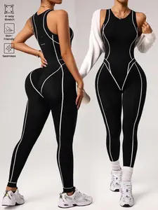 1-pack women's knitted seamless high-elastic contrast line yoga jumpsuits with back zipper, easy to wear, suitable for all seasons, comfortable and breathable, suitable for cycling, fitness, running, yoga, sports, fitness and casual wear