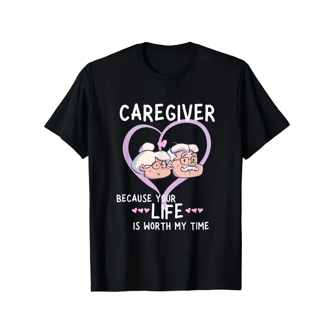 Caregiver Because Your Life Is Worth My Time Heart Cartoon Graphic Oversized Cotton T-Shirt, Caregiver Fashion Comfort Outfit, Heartfelt Gift For Him Her, Valentine’s Day Holiday Best Present For Caregiver Family