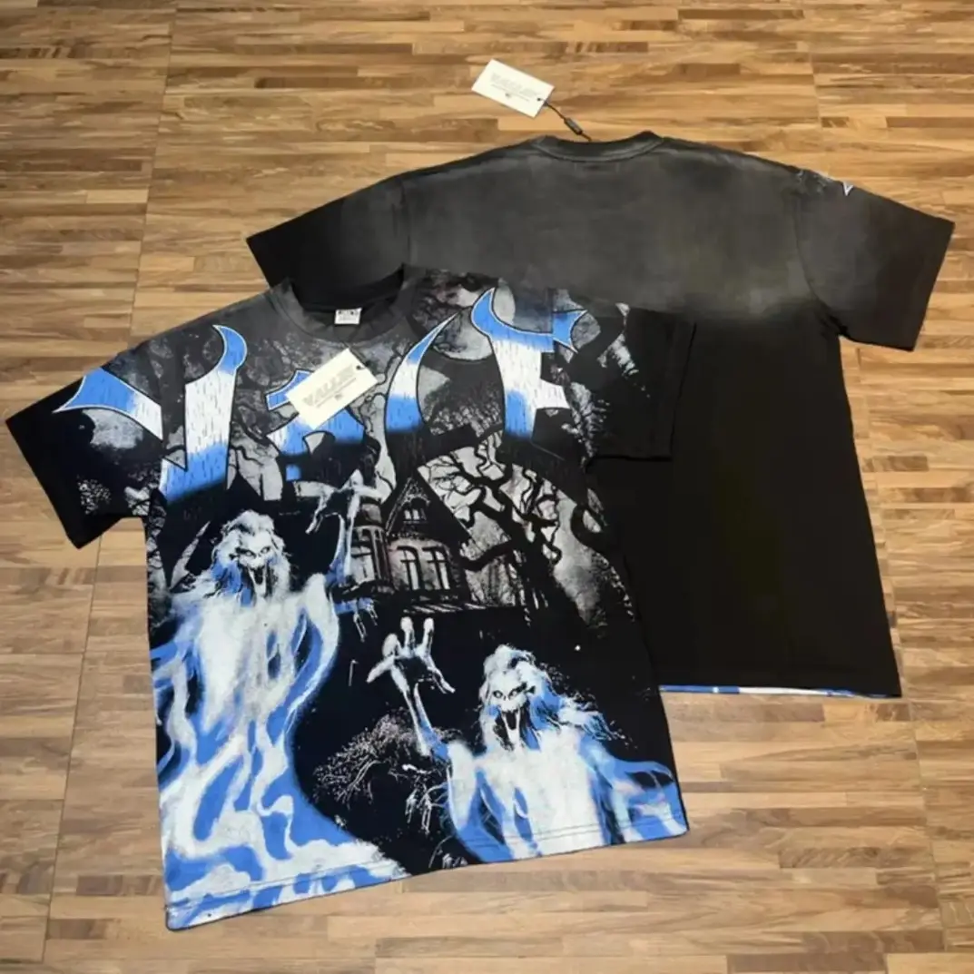 Menswear 100% Cotton Short-Sleeve Washed T-Shirt - VALLEY Retro Ghost Graphic, Statue Logo Print, Crew Neck, Loose Oversized Fit, Soft Breathable Hip-Hop High-Street Casual Streetwear Unisex Top