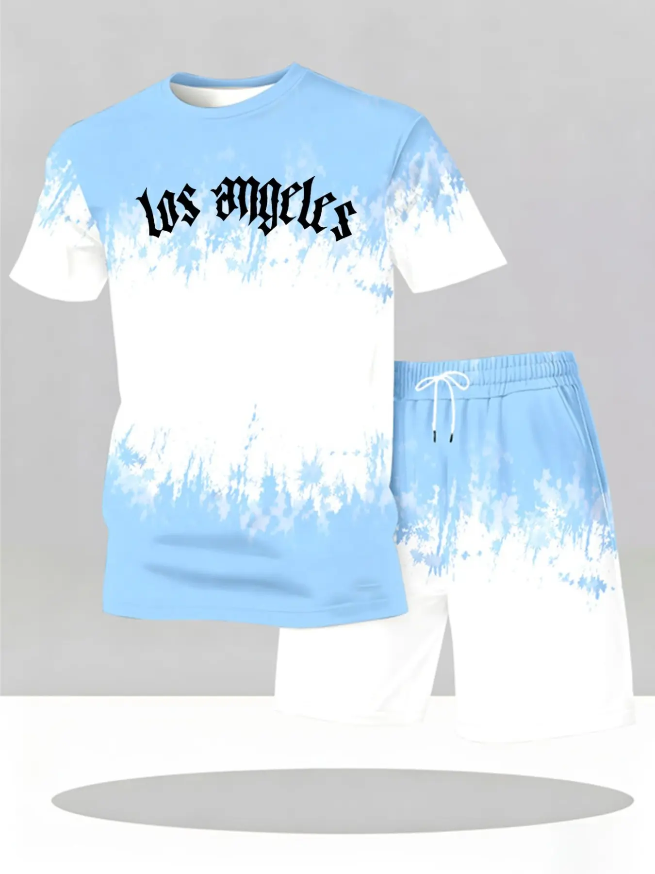 Loose short sleeved shorts set, city English gradient print two-piece set, trendy daily outfit