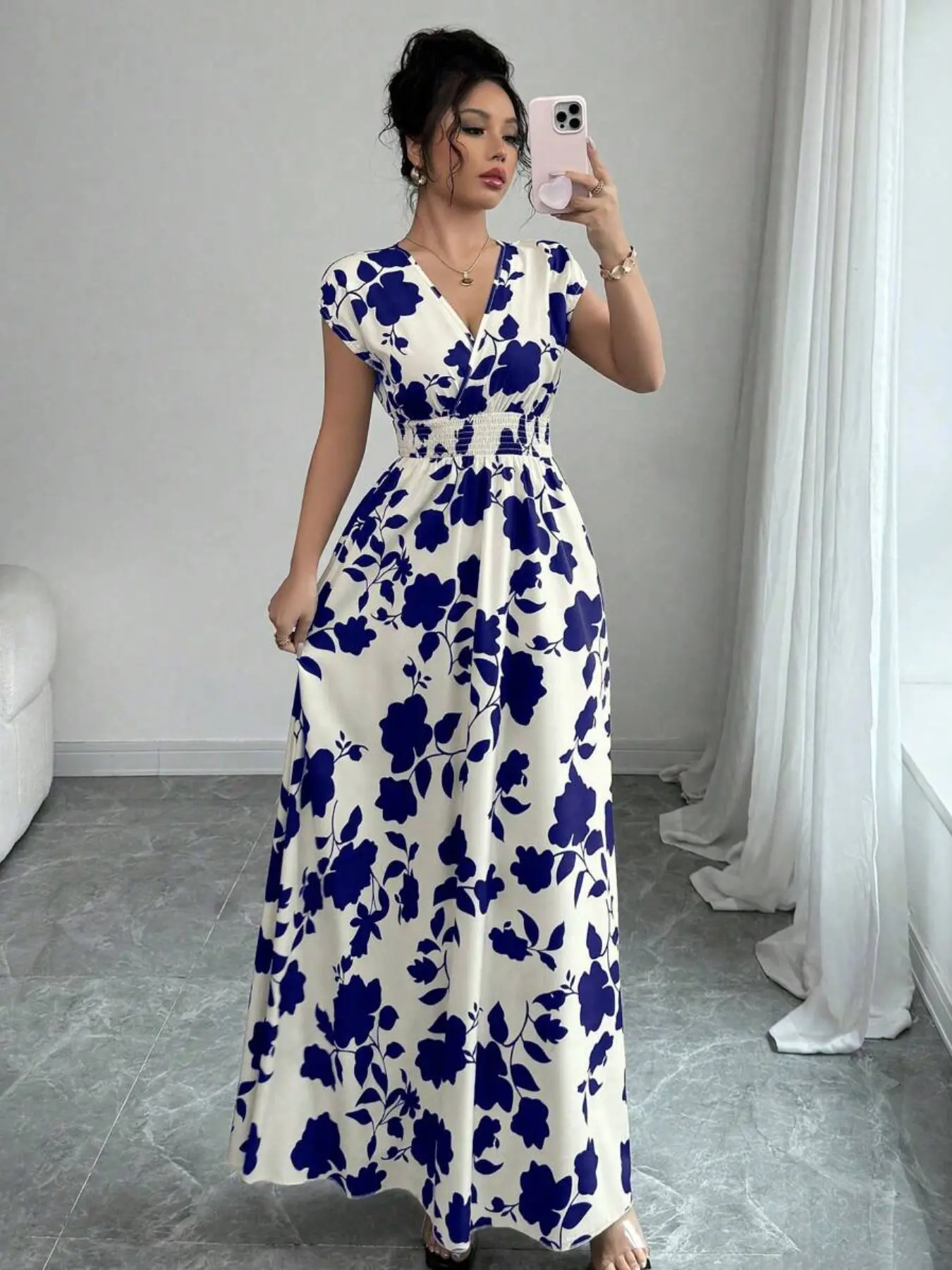 Women's Floral V-Neck Sleeveless Waist-Cropped Long Dress, Summer Boho Style, Blue Large Flower, Vacation Tea Party Fashion
