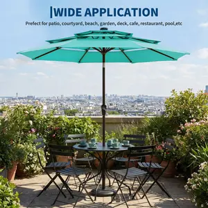 9-10FT 3-Tier Patio Umbrella with Solar LED Lights, Ventilation, Crank & Tilt, 8 Ribs, UV Protection for Deck, Pool