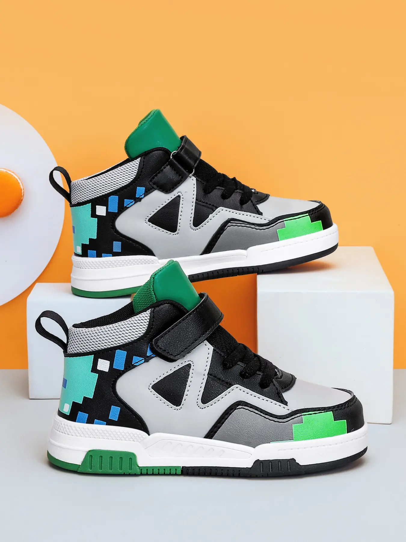 Boys Pixel Pattern Mid Top Skate Sneakers, Adjustable Velcro Strap, Faux Leather Upper, Non-Slip Eva Sole, Casual School Shoes, Fashionable Skate Shoes