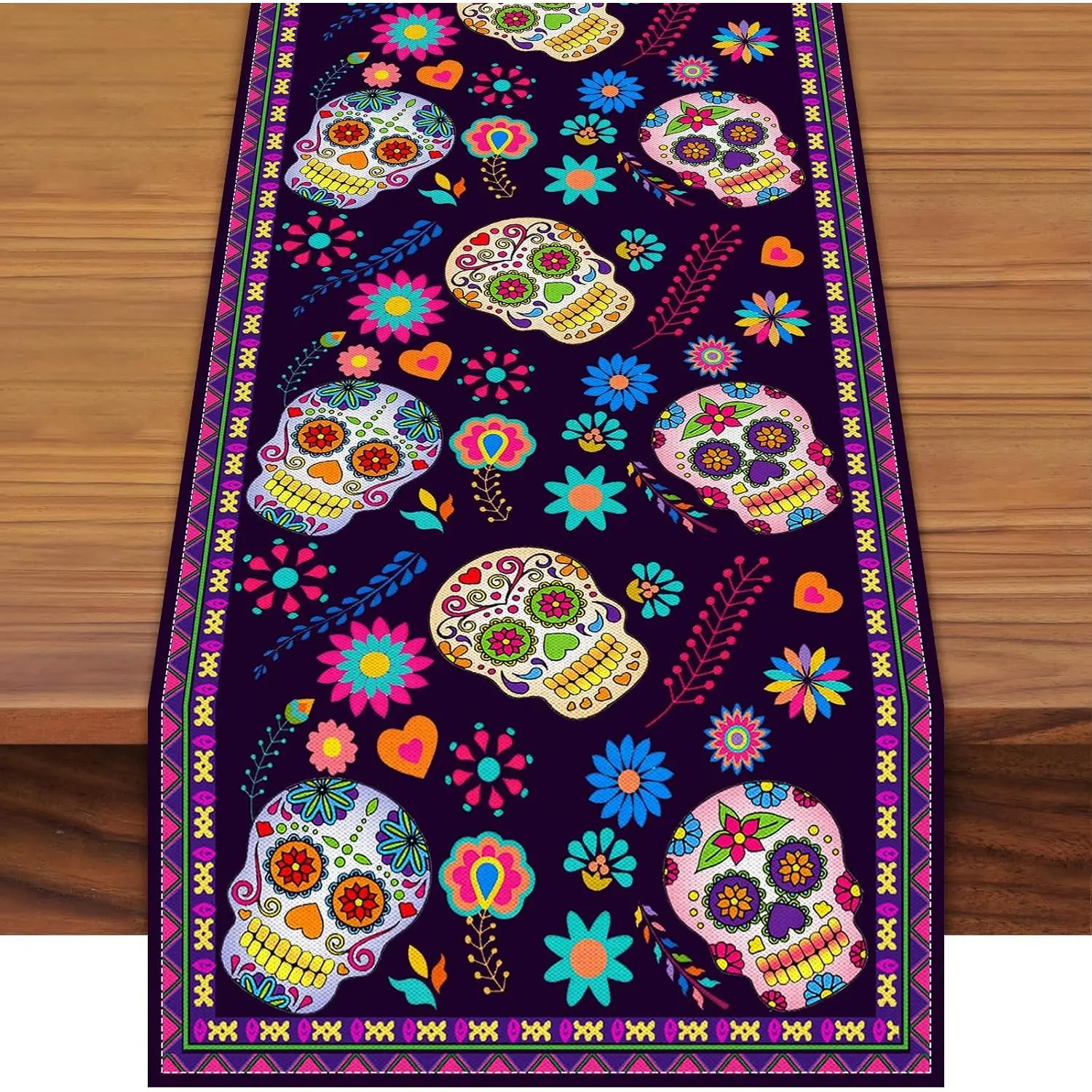 72 x 13 Inch Day of The  Table Runner – Colorful Sugar Skull & Floral  Runner for Mexican Dia de Los Muertos, Fiesta, Holiday, , Kitchen, Mantel, Dining Table Decor