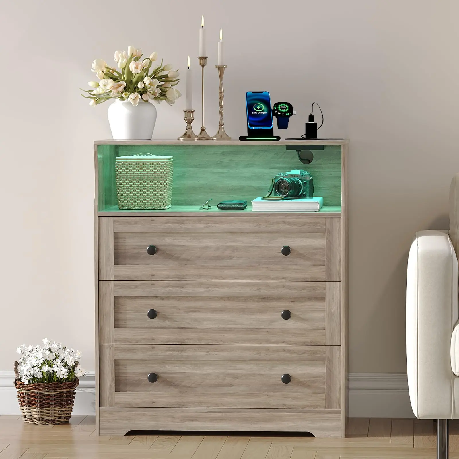 Garvee Small Dresser with 3 Drawers, Wood Dresser with Charging Station and LED Lights for Bedroom Closet Bedside, Modern Wooden Chest of Drawers for Living Room, Hallway