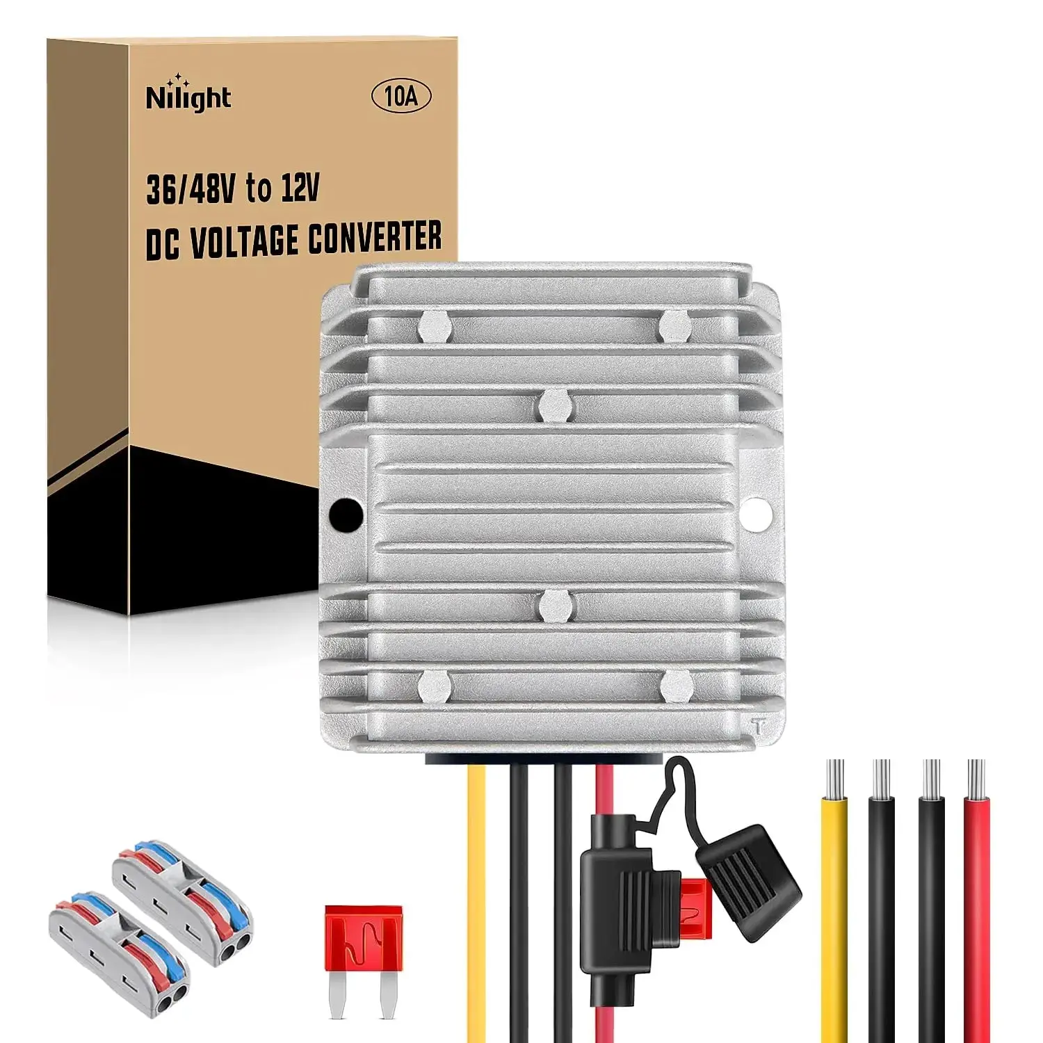 Nilight 120W 36V/48V to 12V 10A DC-DC Converter with Fuse*1 (2 Pcs) - 96% Efficiency, Aluminum Shell, -40~85°C Temp, Easy Install for Golf Carts, Motors, 120W Output Car Electrical Appliances