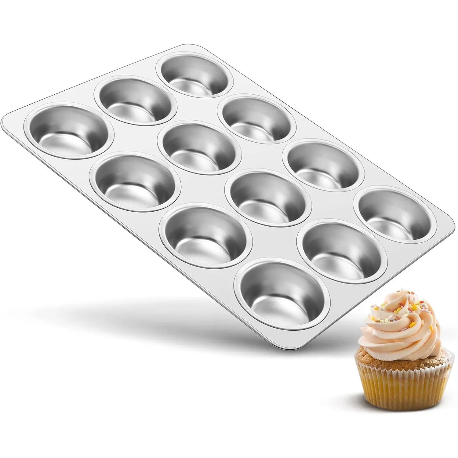 12-Cup Muffin Pan, Stainless Steel Muffin Tin | Metal Cupcake Baking Pan for Oven, Regular Size & Non , Easy Clean & Dishwasher Safe