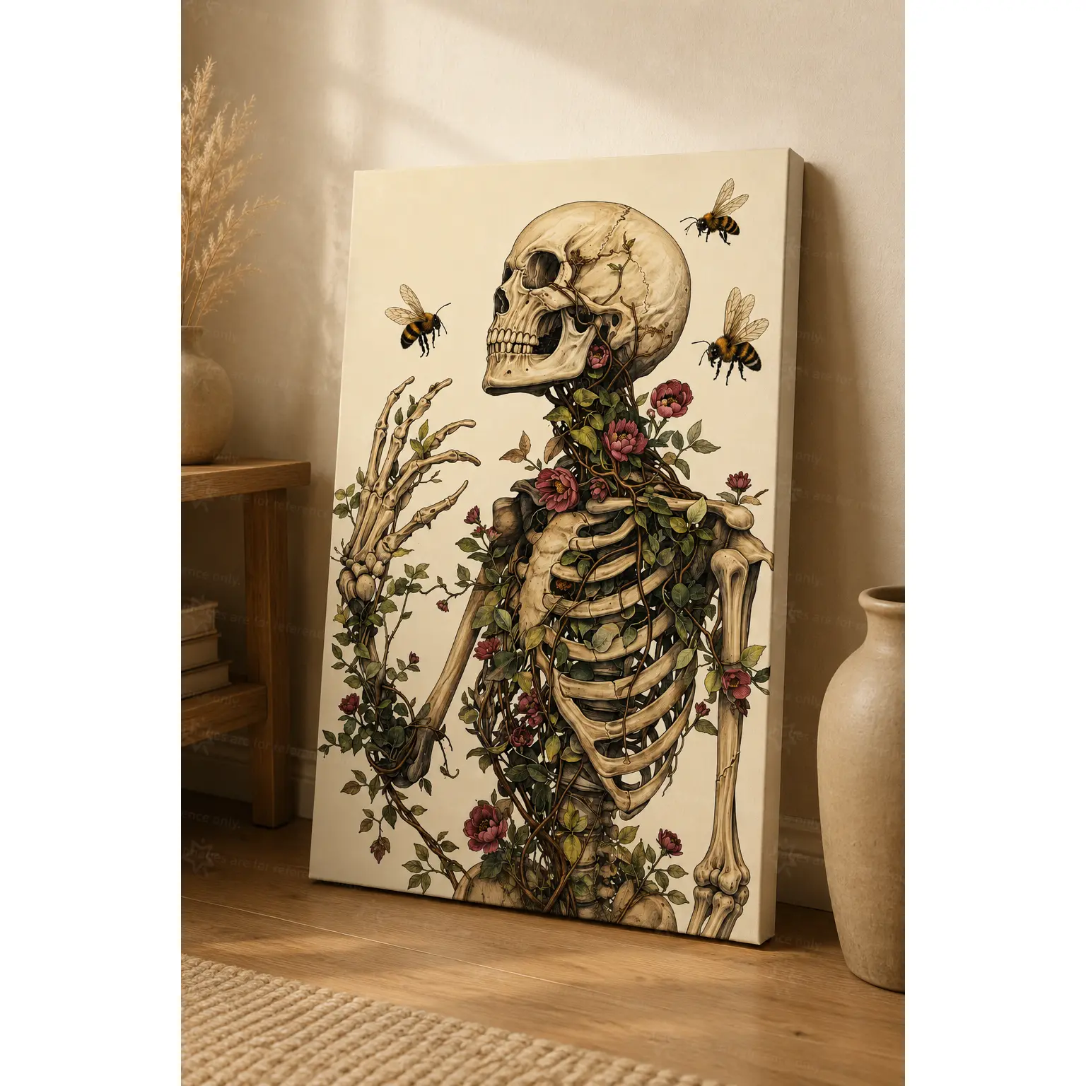 Floral Skeleton and Bee Wall Art Canvas, Vintage Botanical Anatomy Artwork with Roses and Vines for Living Room Bedroom Office Study, Dark Romantic Home Decor, Decorative Poster, Poster Prints, Unframed Canvas Poster or Framed Canvas Wrap