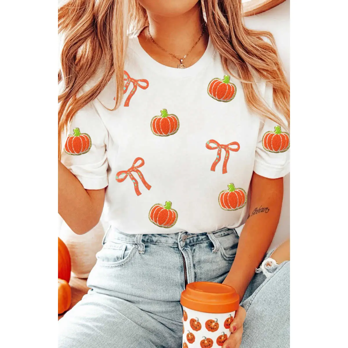 Women's Fall Pumpkin Graphic Tees Coquette Bow Shirt Sequin Chenille Short Sleeve Casual Fall Tops