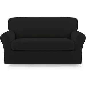 Easy-Going 2 Pieces Microfiber Stretch Sofa Slipcover Spandex Soft Fitted Sofa Couch Cover, Washable Furniture Protector with Elastic Bottom Kids, Pet (Loveseat, Black, Medium)