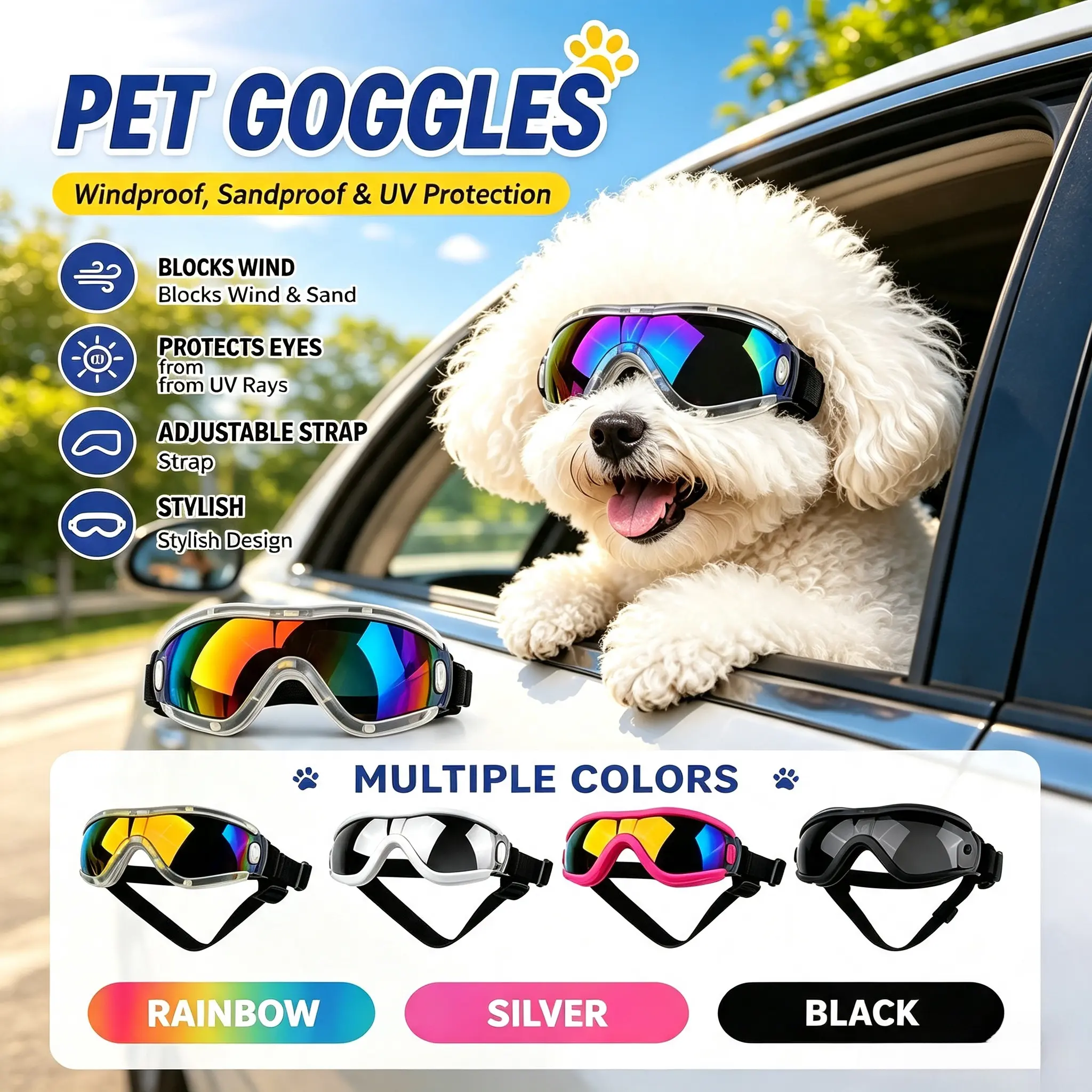 Adjustable Fit Dog Eye Wear, UV Blocking Pet Sunglasses, Outdoor Protective Gear for Walking & Hiking