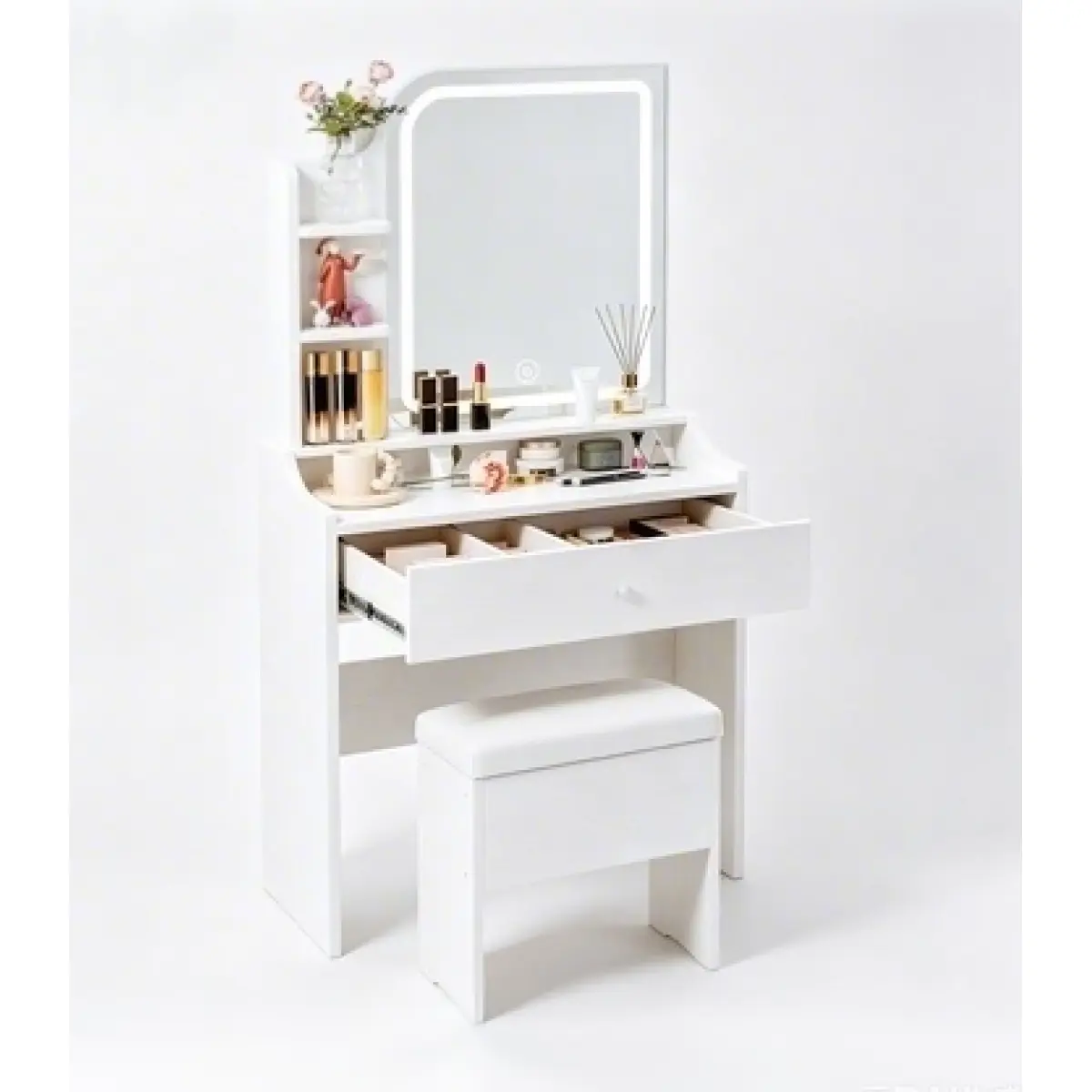 Women's Portable White Makeup Vanity Table - Smart LED Mirror with Adjustable Lighting, Built-in Charging Station, MDF Storage Drawers, 24.4x15.4x59.0in, Versatile for Bedrooms, Evening Preparations, Vanity Organization