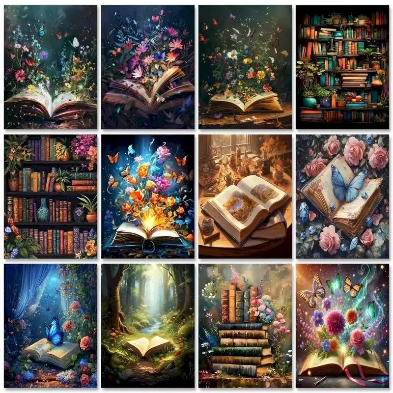 Booktok Aesthetic Paint by Numbers for Adults with Stretched Canvas Frame 16x20" 40x50cm Whimsical Dark Academia Bookshelf Magic Flower DIY Acrylic Oil Painting Kit Colorful Fairycore Wall Art Crafts Gift Pre-framed Paint by Number Kit