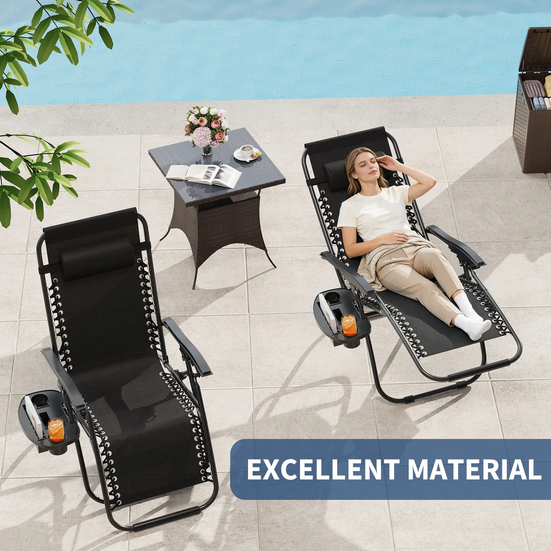 2-Pack Ultra-Light Patio Lounge Chairs - Adjustable Folding Outdoor Recliners with Pillow, Cup Holder Tray, Ergonomic Heavy-Duty Steel Frame, Breathable Quick-Dry Textilene - Portable for Garden, Poolside, Camping