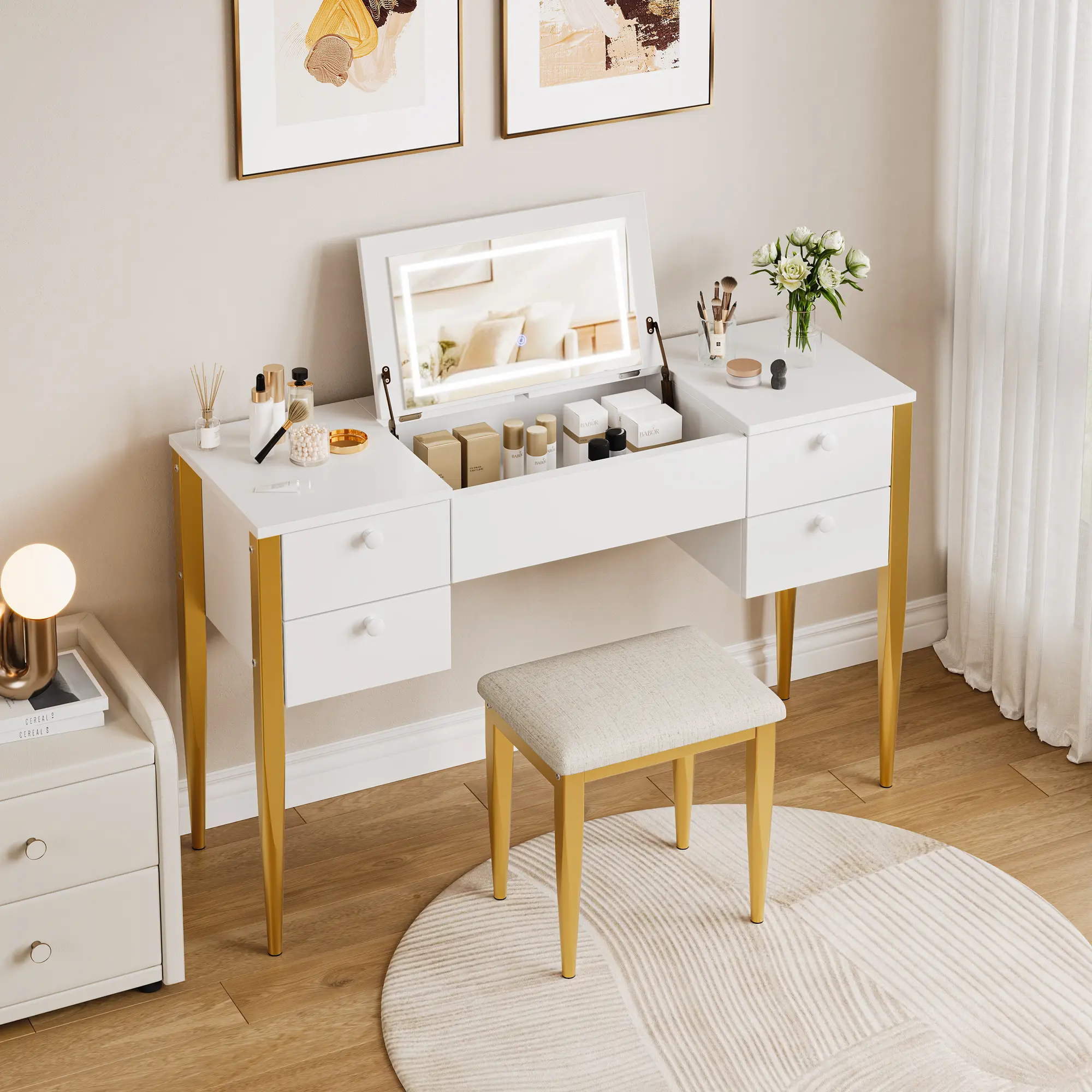 Makeup Vanity with Mirror and Lights, Small Vanity Table Set with Flip-Top Center, 4 Drawers & Cushioned Stool, Wooden Dressing Table for Bedroom