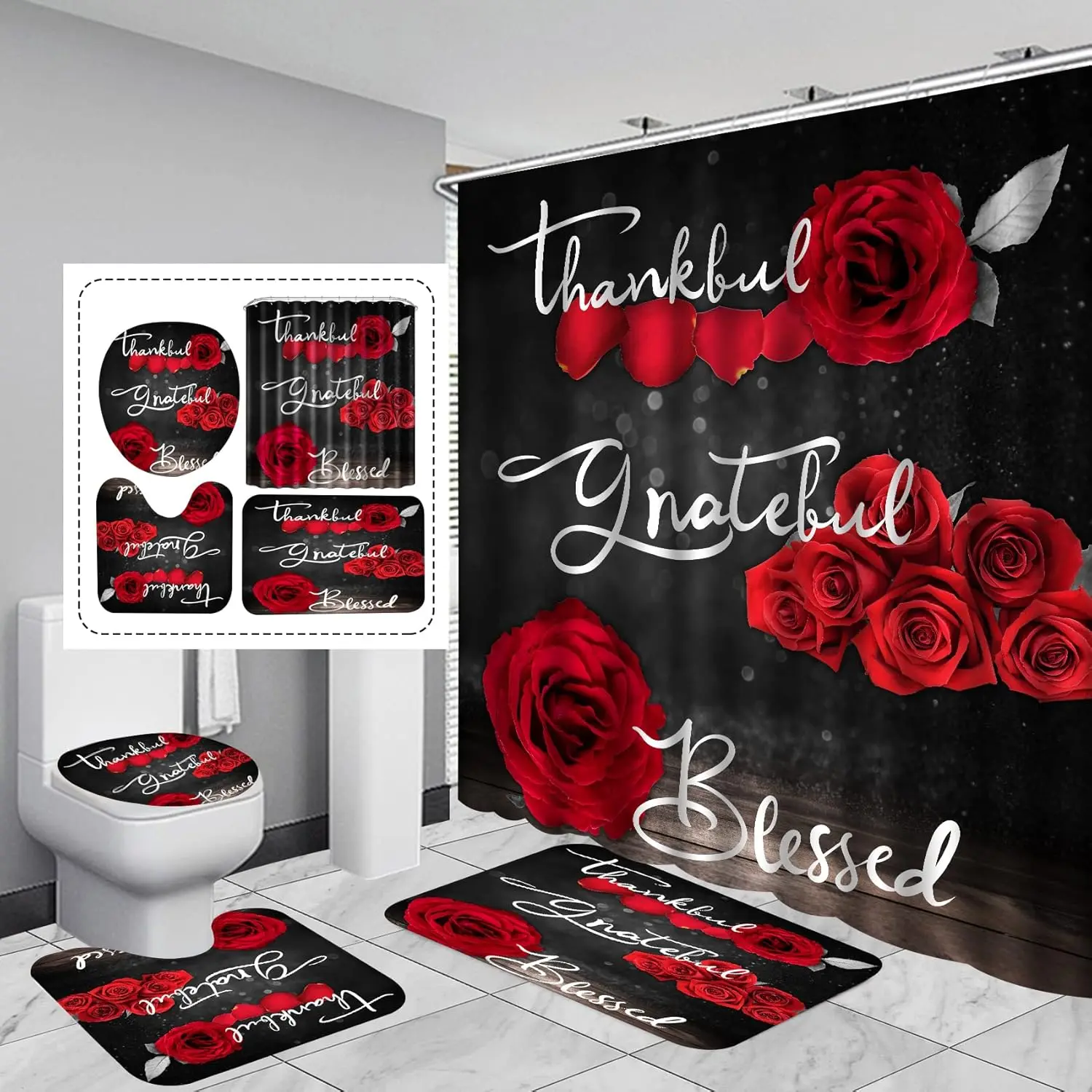 Red Rose Shower Curtain Sets, Thankful Grateful Blessed Bathroom Curtain with Non-Slip Rug, Toilet Lid Cover, Bath Mat and 12 Hooks, Romantic Showy Floral Wedding Decor for Bath.