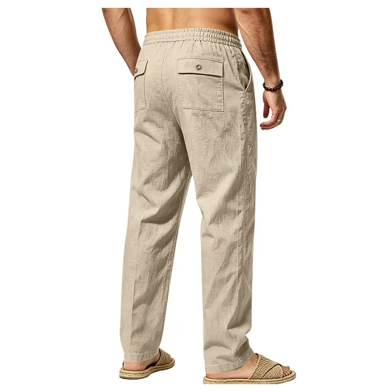 Men's New American Style Linen Wide Leg Long Pants, Loose Fit Drawstring Elastic Waist Casual Trousers, Minimalist Luxury Breathable All Season Streetwear Pants with Back Button Pockets for Daily Vacation Commute