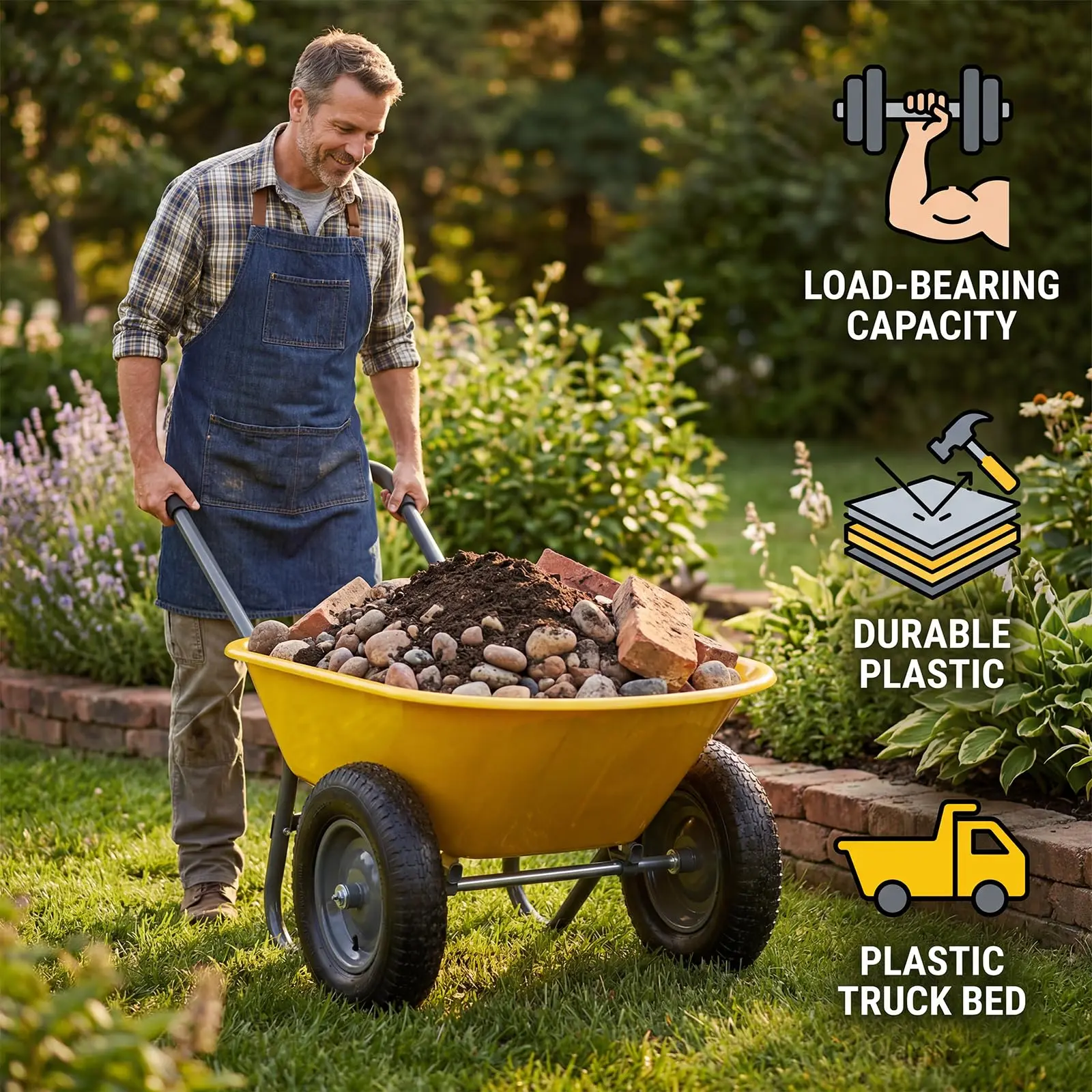 Heavy Duty Garden Wheelbarrow Dual Wheel and Four Wheel Options with Built in Stand Practical Utility Cart for Home and Yard Use