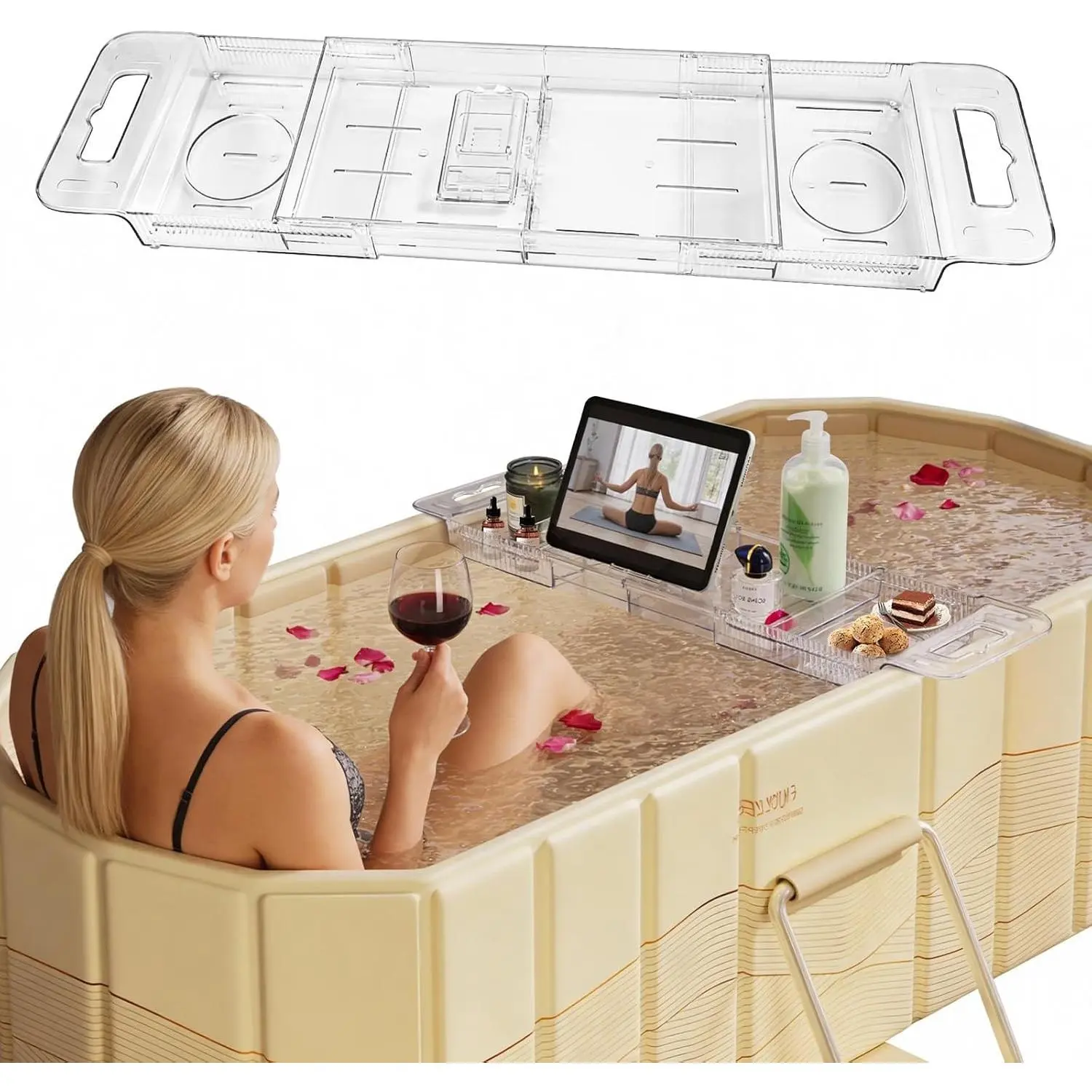Foldable Adjustable Expandable Clear Acrylic Bathtub Caddy Tray, Fits 22-31.4in Tubs, Shower Tub Organizer Rack with Multi Compartments & Multi-Position Tablet Holder