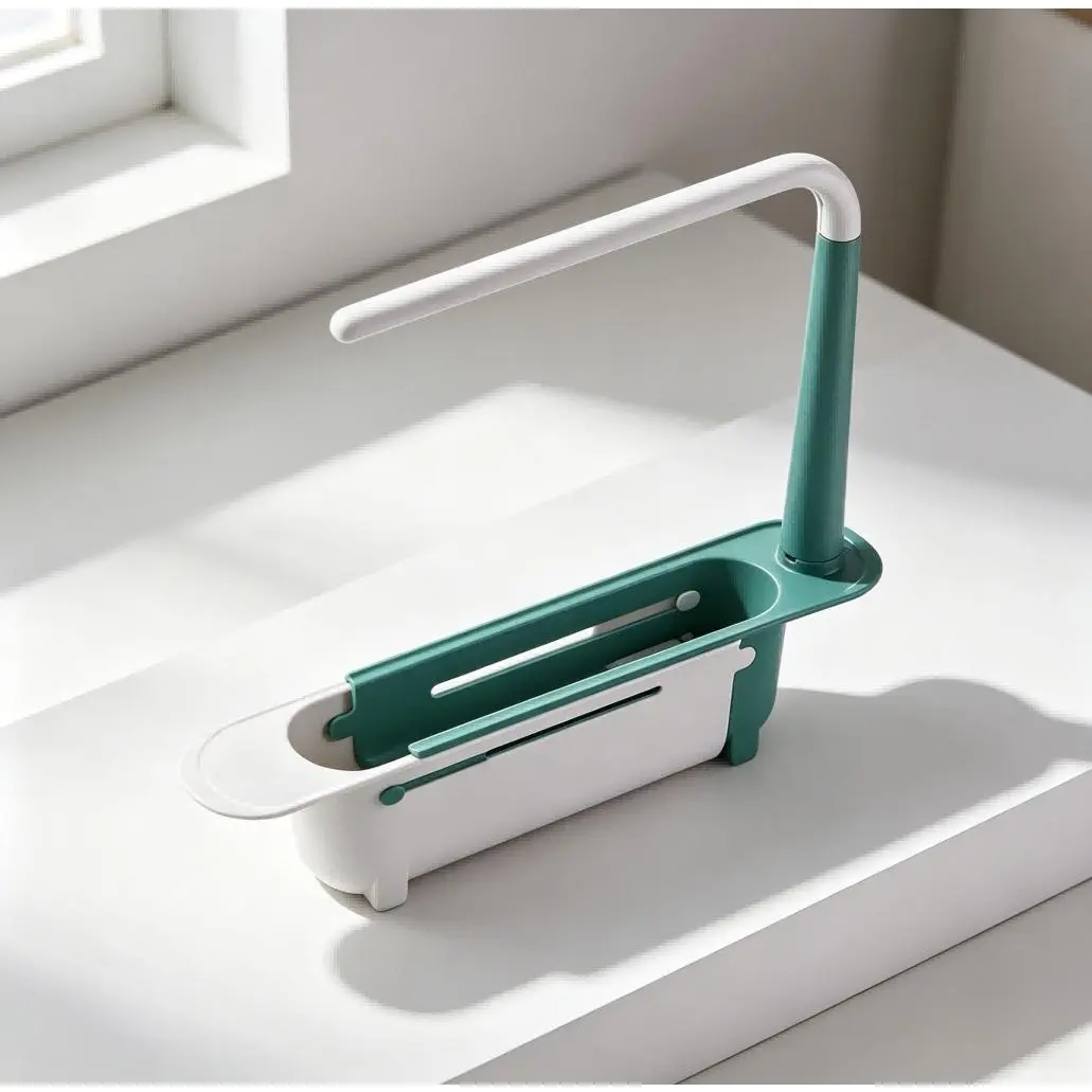 1PCS Expandable Sink Organizer Shelf - Waterproof Plastic Rack with No Mold Growth, 32-45cm Adjustable Over Sink Holder, Detachable Towel Bar, Crossbar Bracket, No Wall Damage, Easy Installation Thick PP Light-Load Home Organizer for Deep Single Bowl